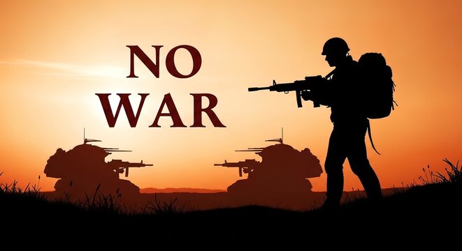 Soldier with Helicopters at Sunset Protesting War.