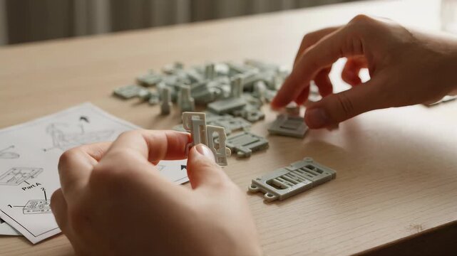 Close-up of hands assembling a plastic model kit on a wooden table. Person carefully fitting small parts together with instructions. DIY hobby and precision concept