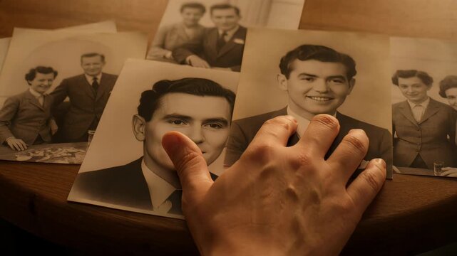 Hand touching vintage family photographs on a wooden table. Person tracing a face in an old portrait while remembering ancestors. Nostalgia and genealogy concept