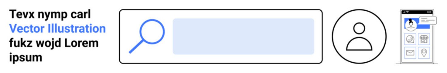 Obraz premium Online search, profile management, user interface design, mobile optimization, web development, digital connectivity. A search bar, user profile icon and smartphone screen design. Online search