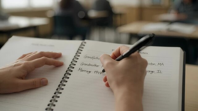 Close-up of hands writing in a genealogy workbook during a class. Student taking notes on family lineage and ancestry history
