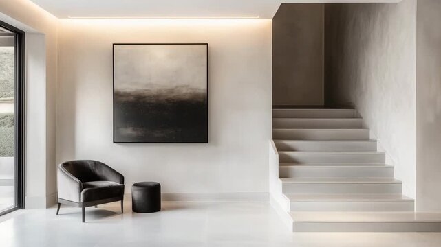 A modern space showcases a black and white artwork, a seating area, and stairs in a minimalist design