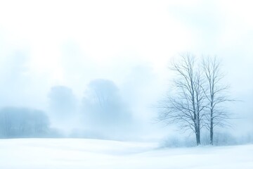 Obraz premium A serene winter landscape features frosted trees standing in the cold fog across a snowy white field under a blue sky