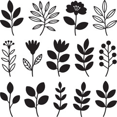 Fototapeta premium Collection of various black silhouettes of flowers and leaves