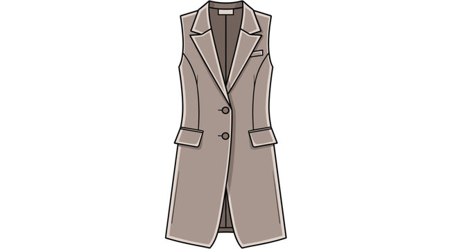 Fashionable long sleeveless blazer in a neutral beige color, featuring a notched lapel and button closure, perfect for modern layering.
