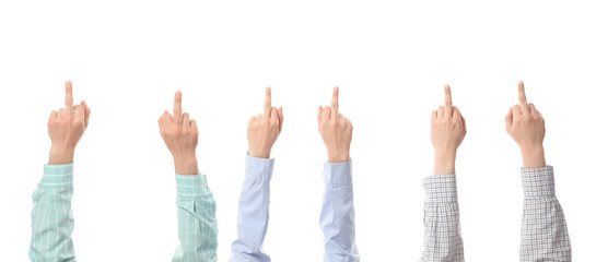 Fototapeta premium Many hands showing middle fingers on white background