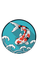 Fototapeta premium Vibrant Koi Fish Swimming in Stylized Waves, Japanese Art Style