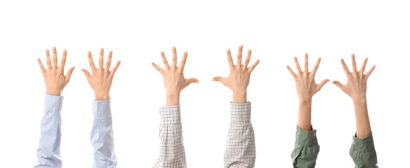 Many hands showing palms on white background © Pixel-Shot