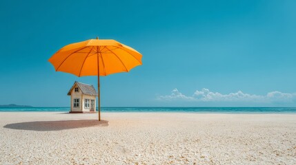 Fototapeta premium Sun umbrella and cozy beach house on sandy shore with clear blue sky and sea in the background, symbolizing resort real estate investment, dream seaside vacation, and peaceful coastal getaway with amp