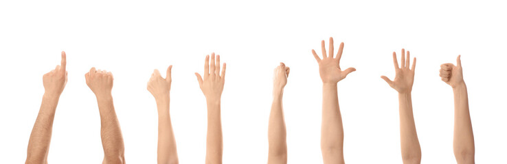 Obraz premium Many hands showing thumbs-up on white background