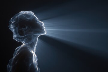 An ethereal and luminous profile of a human face emerges from profound darkness, illuminated by shafts of mystical light.