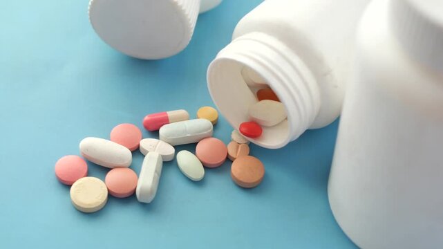 Scattered colorful pills and capsules spill from open white medication bottles on a blue background