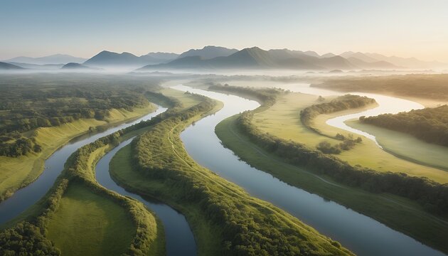 Meandering river wetlands sunrise aerial view of winding channels and green banks