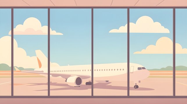 空港の窓から見える滑走路と飛行機