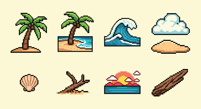 Retro pixel art beach elements with palm trees and ocean wave