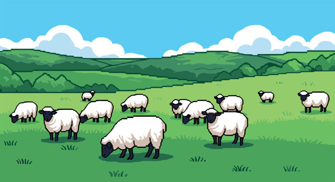 Retro pixel art sheep grazing in lush green field