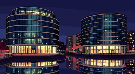 Obraz premium Modern cityscape at night with reflections in water