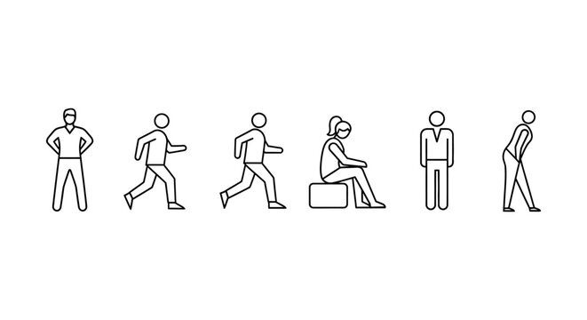 line art stick figures demonstrating diverse human actions and poses including standing walking running sitting and bending