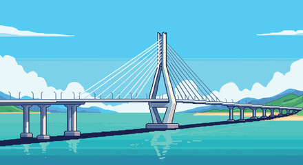 Pixel art bridge over turquoise water with mountains and blue sky background