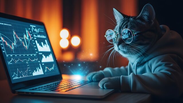 Cute cat wearing glasses using a laptop for data analysis. Whimsical technology and feline intelligence. Cat typing on a computer keyboard looking at financial charts.
