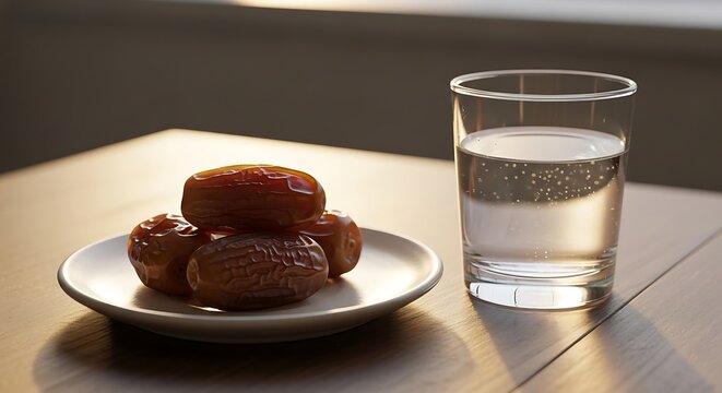 a plate of dates and a glass of fresh water on a wooden table bathed in warm golden light perfect for iftar or a healthy snack