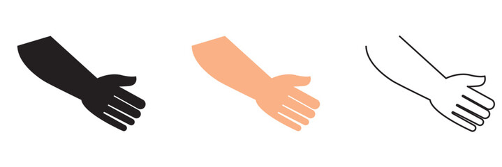 Obraz premium Three Hand Gesture Styles Vector. Set of three human hand gesture illustrations including solid silhouette, flat color skin tone, and outline style isolated on light background.
