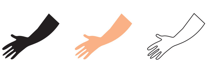 Fototapeta premium Three Hand Gesture Styles Vector. Set of three human hand gesture illustrations including solid silhouette, flat color skin tone, and outline style isolated on light background.