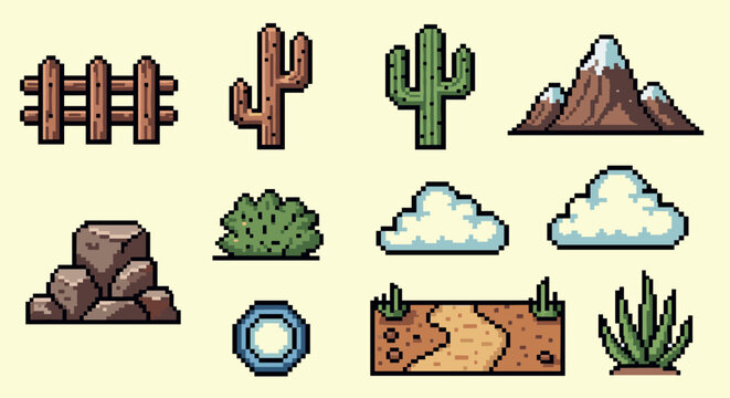 Retro pixel art desert icons: cactus, mountains, clouds, pathway, and more