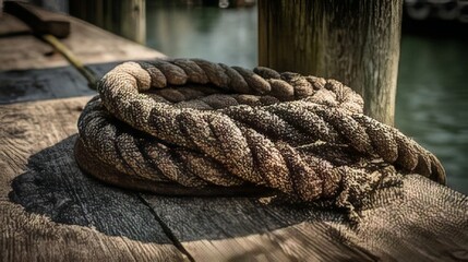Fototapeta premium Close-Up View of Coiled Rope on Wooden Dock by Calm Water