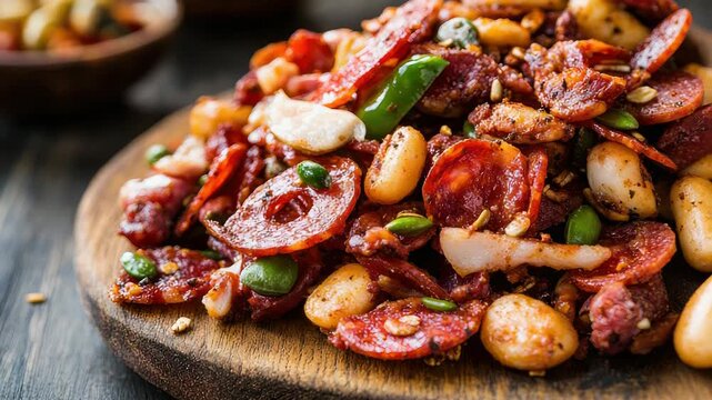 Delicious rotating platter of gourmet cured meats and vegetables with rustic presentation