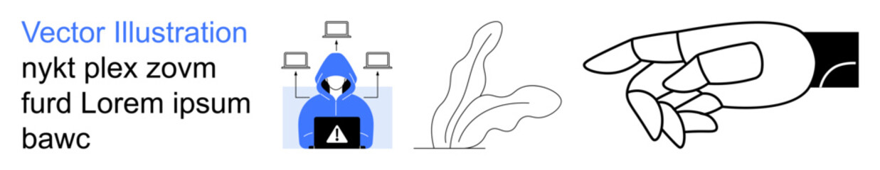 Cybersecurity, identity theft, digital fraud, online protection, technology innovation, data privacy. Hooded hacker with laptops, abstract plants and minimalistic hand illustration. Cybersecurity © robu_s