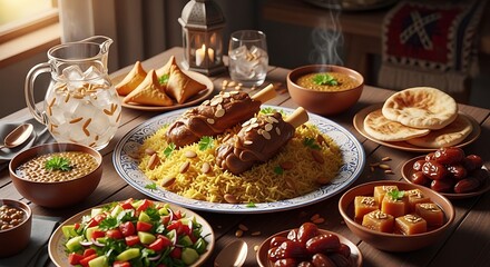 Obraz premium traditional middle eastern iftar feast with lamb shanks golden rice lentil soup salad and dates on rustic wooden table