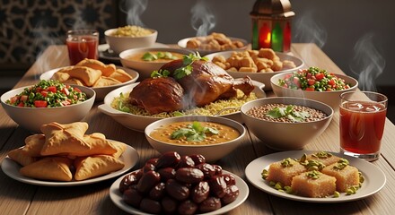 traditional middle eastern iftar feast with steaming dishes roasted chicken and desserts on a wooden table.