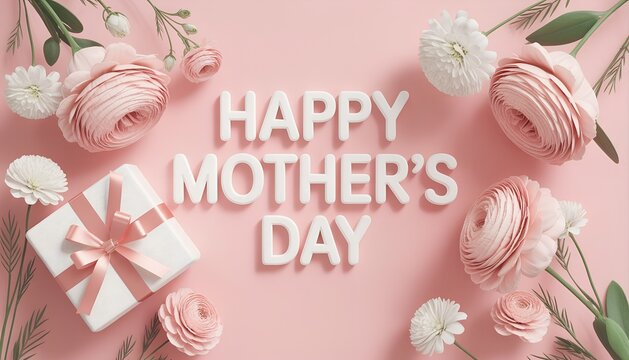 Mother's day background with gift box and 3D balloons with copy space 