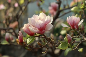 Delicate Pink Magnolia Blossoms in Full Bloom on a Sunny Spring Day