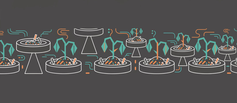 Wilting plants growing in full ashtrays concept. Anti-smoking and environmental pollution linear vector illustration