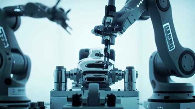 Robotic arms meticulously assemble a sleek, chrome-plated component in a sterile setting