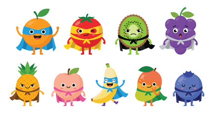 Naklejka premium Super Cute Fruit Heroes Cartoon Pack Fun Vibes Kids Mascot
