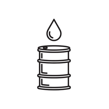 Crude Oil Barrel Icon With Droplet, Petroleum Industry Storage Drum, Fossil Fuel Energy Resource Symbol, Line Vector.