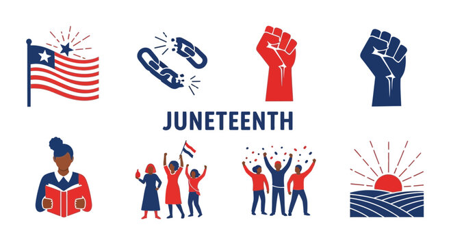 Juneteenth icons in red white and blue flag broken chain raised fists reader celebration sunrise