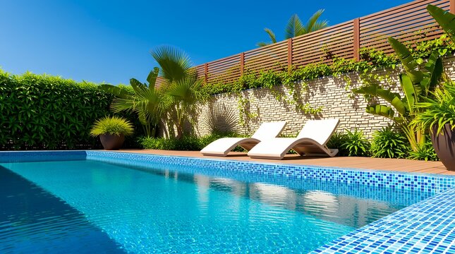 Swimming pool with lounge chairs in sunny backyard