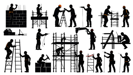 Construction Workers Silhouette Set &ndash; Ladders, Scaffolding and Tools