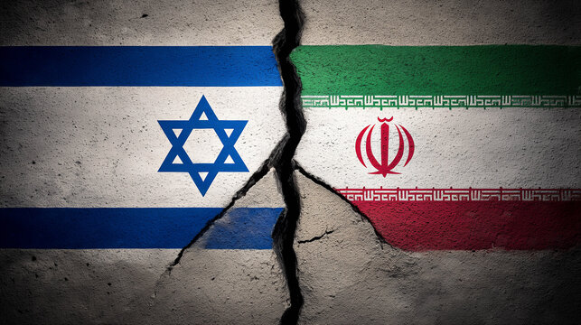 Iran and Israel flags on a weathered concrete wall, split by a sharp jagged crack with deep shadows, representing geopolitical rivalry, war tension, and hostile confrontation.
