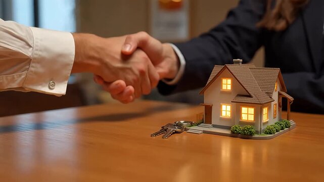 Handshake over miniature house and keys