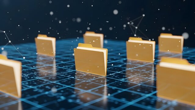 Digital file management and cloud storage organization. Data structure and information technology. Yellow folders standing on a glowing blue grid representing server data