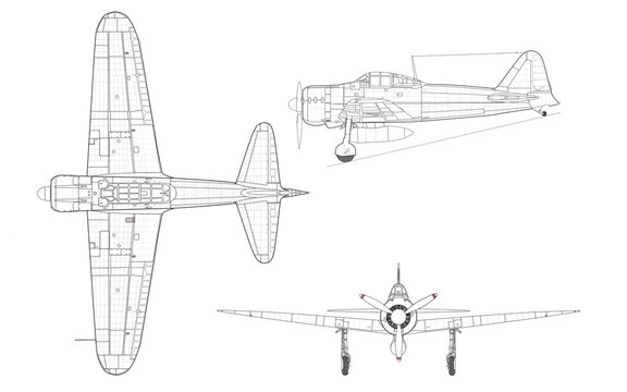 零式艦上戦闘機21型（A6M2b）三面図
