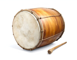 Large wooden barrel drum with mallet, isolated on white