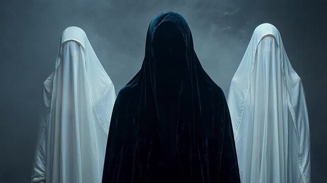 Three cloaked figures in white and black