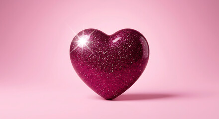Fototapeta premium sparkling magenta glitter heart shining brightly on a soft pink background perfect for valentines day celebrations or romantic themes.