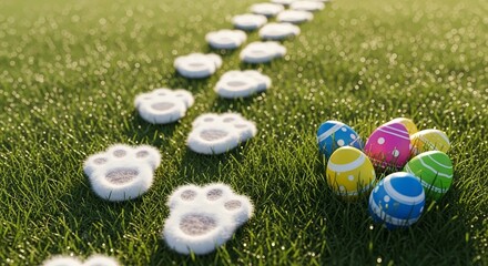 Naklejka premium Colorful Easter eggs and bunny footprints in green grass